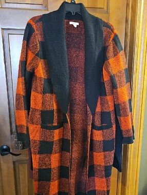Maurices Black & Orange Checkered Open-Front Teddy Cardigan